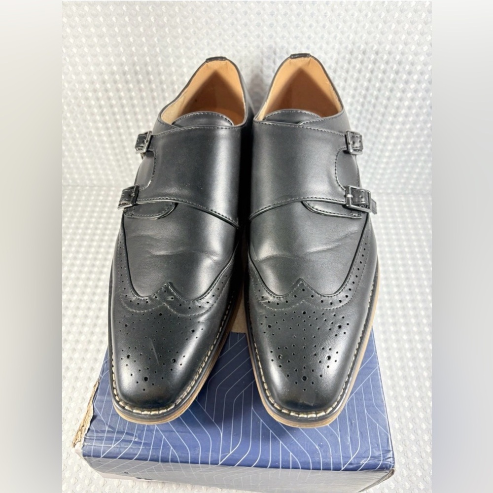 Gino Vitale Men's Monk Strap Brogue Dress Shoes Size 7.5 Black Color Pre-Owned